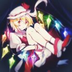  1girl asymmetrical_hair bare_legs blonde_hair bloomers commentary crystal flandre_scarlet frilled_cuffs frilled_shirt_collar frilled_sleeves frills full_body glowing glowing_wings hat hat_ribbon holding_legs ikasoba knees_to_chest knees_up looking_at_viewer medium_hair mob_cap one_side_up orange_eyes own_hands_together parted_lips puffy_short_sleeves puffy_sleeves red_footwear red_ribbon red_skirt red_vest ribbon shirt shoes short_sleeves side_ponytail skirt skirt_set socks touhou underwear vest white_bloomers white_headwear white_legwear white_shirt wings wrist_cuffs 