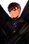  1boy absurdres belmond_banderas black_gloves black_jacket black_wings blurry blurry_foreground brown_eyes brown_hair choco_(chocovix112) closed_mouth depth_of_field facial_hair feathered_wings gloves grey_shirt hand_up highres jacket long_sleeves looking_at_viewer male_focus monocle nijisanji shirt simple_background solo stubble thick_eyebrows upper_body virtual_youtuber white_background wings 