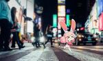  &gt;_&lt; 1girl animal_ears bag bangs blurry blurry_background breasts chibi closed_eyes closed_mouth crosswalk fiz_(fizintine) fizintine hair_bun holding holding_bag large_breasts night original outdoors photo_background pink_hair rabbit_ears rabbit_girl rabbit_tail short_hair shorts sparkle swept_bangs tail thigh-highs white_legwear white_shorts 