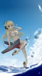  1girl bikini blonde_hair breasts day double_bun fletcher_(kancolle) hairband headphones highres kantai_collection large_breasts long_hair navel neve ocean outdoors rigging sandals solo swimsuit violet_eyes waves white_bikini 