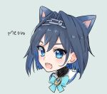  1girl animal_ears bangs blue_eyes blue_hair bow bow_earrings cat_ears chain earrings extra_ears eyebrows_visible_through_hair hair_intakes hololive hololive_english jewelry kisuu_(oddnumberr_) ouro_kronii short_hair solo virtual_youtuber 