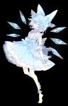  1girl :| absurdres adapted_costume arms_at_sides blue_bow blue_eyes blue_hair blue_skirt bobby_socks bow cirno closed_mouth collared_shirt expressionless frilled_shirt_collar frilled_sleeves frills hair_bow highres ice ice_wings leg_lift looking_at_viewer nikorashi-ka no_nose see-through_sleeves shirt short_hair skirt socks standing standing_on_one_leg symbol-only_commentary touhou waist_bow white_legwear white_shirt wings wrist_cuffs 