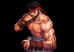  1boy abs beard black_hair closed_mouth facial_hair fighting_stance hankuri headband large_pectorals looking_at_viewer male_focus muscular muscular_male pectorals red_headband ryu_(street_fighter) short_hair simple_background solo street_fighter topless_male vambraces 