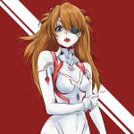  1girl arm_grab bambi_surprise blush bodysuit brown_hair covered_navel cowboy_shot eyepatch hair_over_one_eye interface_headset long_hair looking_at_viewer neon_genesis_evangelion open_mouth plugsuit rebuild_of_evangelion red_background solo souryuu_asuka_langley teeth tongue two_side_up white_bodysuit 