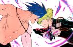  2boys 302 ascot black_gloves black_jacket blue_eyes blue_fire blue_hair face-to-face faceoff fire galo_thymos gloves green_hair jacket lio_fotia looking_at_another male_focus motion_blur multiple_boys promare purple_fire pyrokinesis sidecut spiky_hair topless_male violet_eyes 