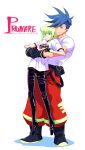  2boys 302 black_gloves blue_eyes blue_hair boots copyright_name galo_thymos gloves green_hair height_difference highres hug hug_from_behind leather leather_pants lifting_person lio_fotia male_focus multiple_boys pants promare shirt t-shirt violet_eyes white_shirt 
