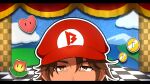  1boy bangs belmond_banderas brown_eyes brown_hair cabbie_hat checkered_floor choco_(chocovix112) coin cosplay curtains eyebrows_behind_hair hat highres letterboxed male_focus mario mario_(cosplay) nijisanji outline parted_bangs peeking_out red_headwear super_mario_bros. thick_eyebrows virtual_youtuber white_outline 
