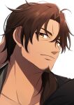  1boy absurdres arm_behind_head arm_up bangs belmond_banderas black_shirt brown_eyes brown_hair choco_(chocovix112) closed_mouth eyebrows_behind_hair facial_hair hair_over_shoulder highres long_hair looking_at_viewer low_ponytail male_focus nijisanji parted_bangs ponytail shirt simple_background solo stubble thick_eyebrows upper_body virtual_youtuber white_background 