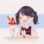  1girl :d =_= bangs blush bow collared_shirt dark_blue_hair fangs food fruit fukumaru_koito hair_bow heart idolmaster idolmaster_shiny_colors mogggggge parfait patterned_background plaid plaid_shirt shirt skin_fangs smile solo strawberry swept_bangs twintails upper_body wavy_mouth 