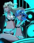  2girls bangs bikini black_bikini black_choker black_gloves black_jacket blonde_hair blue_hair breasts choker closed_mouth commentary_request dog_tags double_bun earphones floating_hair flower gloves green_eyes hair_between_eyes hair_flower hair_ornament hand_on_hip highres hololive hoshimachi_suisei jacket long_hair long_sleeves looking_at_viewer looking_away medium_breasts microphone momosuzu_nene multiple_girls navel one_side_up open_clothes open_jacket profile saco_(cgmore) short_shorts shorts small_breasts star_(symbol) star_hair_ornament stomach swimsuit virtual_youtuber white_shorts 