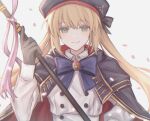  1girl artoria_pendragon_(caster)_(fate) artoria_pendragon_(fate) black_cape black_gloves black_headwear blonde_hair blue_bow blue_bowtie bow bowtie brooch cape closed_mouth dot_nose fate/grand_order fate_(series) gloves green_eyes hat holding holding_staff jewelry long_hair looking_at_viewer petals shirt simple_background smile solo staff twintails upper_body white_background white_shirt yuzuriha_yuz 