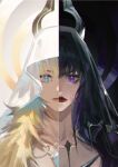  2girls absurdres black_hair black_vs_white blonde_hair blue_eyes closed_mouth collarbone commentary final_fantasy final_fantasy_xiv gaia_(ff14) highres hood hood_up hooded_robe lips long_hair looking_at_viewer multicolored_hair multiple_girls nose purple_hair red_lips red_pupils ryne shuangbatian split_theme straight-on streaked_hair upper_body violet_eyes white_robe 