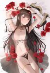  1girl :o artist_name bangs black_bra black_nightgown black_panties blush bra breasts brown_hair chilli_646 dsr-50_(girls&#039;_frontline) eyebrows_visible_through_hair feet_out_of_frame flower girls_frontline hands_up high_heels highres lingerie long_hair looking_at_viewer lying medium_breasts navel nightgown on_back panties petals red_eyes shoe_removed simple_background solo underwear very_long_hair 