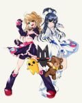 2girls aihara_mei aihara_yuzu bear black_hair blonde_hair brooch citrus_(saburouta) cosplay cure_black cure_black_(cosplay) cure_white cure_white_(cosplay) futari_wa_precure gloves heart_brooch highres jewelry magical_girl multiple_girls precure step-siblings stuffed_animal stuffed_toy teddy_bear toho_7