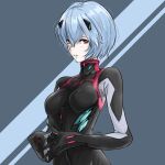  1girl ayanami_rei bambi_surprise black_bodysuit blue_hair blush bodysuit cowboy_shot grey_background hair_between_eyes interface_headset looking_at_viewer neon_genesis_evangelion plugsuit rebuild_of_evangelion red_eyes short_hair solo steepled_fingers 