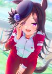  1girl absurdres alternate_costume animal_ears black_hair commentary gym_uniform hair_over_one_eye hat herohero_(higashi_no_dou) highres horse_ears horse_girl horse_tail jacket jersey long_hair looking_at_viewer racetrack rice_shower_(umamusume) sky solo tail track_jacket track_suit umamusume 