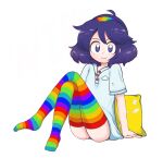  1girl adapted_costume ahoge buttons eyebrows_visible_through_hair highres keb00b multicolored_clothes multicolored_hairband multicolored_legwear pillow purple_hair rainbow_order shirt short_hair simple_background sitting smile socks tenkyuu_chimata touhou violet_eyes white_background white_shirt 