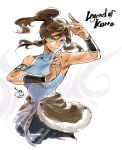  1girl 302 armband bare_shoulders blue_eyes breasts brown_hair dark-skinned_female dark_skin fur-trimmed_overskirt hair_tubes highres korra large_breasts overskirt ponytail solo toned vambraces 