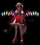 1girl ascot black_background blonde_hair bow crystal fang flandre_scarlet frilled_shirt_collar frilled_skirt frilled_sleeves frills full_body hat hat_ribbon highres kamonoumi laevatein_(touhou) laughing looking_at_viewer mob_cap open_mouth puffy_short_sleeves puffy_sleeves red_bow red_eyes red_footwear red_ribbon ribbon short_hair short_sleeves side_ponytail skirt smile socks solo touhou wings 