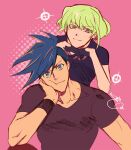  2boys 302 :t black_gloves black_shirt blue_eyes blue_hair galo_thymos gloves green_hair half_gloves hand_on_own_cheek hand_on_own_face highres lio_fotia looking_at_viewer male_focus multiple_boys promare shirt sidecut smile t-shirt violet_eyes wristband 