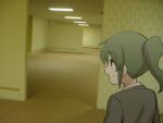  1girl backrooms_(creepypasta) bangs black_jacket commentary eyebrows_visible_through_hair from_behind green_eyes green_hair hair_tie igarashi_futaba_(shiromanta) indoors jacket open_mouth photo_background ponytail senpai_ga_uzai_kouhai_no_hanashi shiromanta shirt sidelocks solo sweat tied_hair upper_body white_shirt 