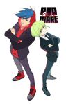  2boys 302 blue_eyes copyright_name crossed_arms formal from_above galo_thymos green_hair high_tops highres hood hood_up hoodie lio_fotia multiple_boys necktie promare shoes short_hair sneakers suit violet_eyes 