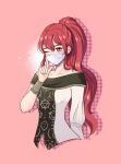  1girl anna_(fire_emblem) bangs blush collarbone commentary english_commentary finger_to_cheek fire_emblem fire_emblem:_three_houses hair_between_eyes hand_up highres index_finger_raised lishiori long_hair looking_at_viewer mask mouth_mask one_eye_closed pink_background ponytail red_eyes redhead shirt simple_background solo surgical_mask upper_body very_long_hair 