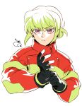  1boy 302 adjusting_clothes adjusting_gloves alternate_hairstyle anime_coloring firefighter gloves green_hair hair_up highres jacket lio_fotia male_focus promare short_ponytail solo violet_eyes 