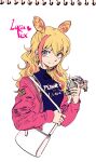  1girl 302 aina_ardebit black_nails blonde_hair cameo cellphone cellphone_charm charm_(object) galo_thymos hair_cones hair_strand highres jacket lio_fotia lucia_fex multicolored_hair phone pink_hair promare red_jacket smartphone smile solo two-tone_hair 