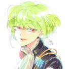  1boy 302 androgynous ascot colored_eyelashes green_hair jacket lio_fotia male_focus promare short_hair smile solo studded_jacket 
