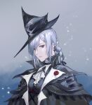  1girl arknights bangs black_coat black_headwear braid coat gladiia_(arknights) grey_background highres light_particles open_clothes open_coat pointy_ears red_eyes short_hair silver_hair single_braid solo taoyuxing upper_body 