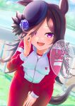  1girl absurdres alternate_costume animal_ears black_hair commentary gym_uniform hair_over_one_eye hat herohero_(higashi_no_dou) highres horse_ears horse_girl horse_tail jacket jersey long_hair looking_at_viewer racetrack rice_shower_(umamusume) sky solo tail track_jacket track_suit translation_request umamusume 