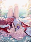  1girl absurdres bare_legs barefoot breasts closed_eyes flower genshin_impact highres japanese_clothes ji_yue knees_up large_breasts long_hair lying on_back outdoors pink_hair sideboob sleeping smile solo upside-down wide_sleeves yae_miko 