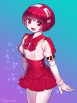  blue_background bow dorothy_haze eyebrows_visible_through_hair gradient gradient_background highres humanoid_robot looking_at_viewer mitake_eil open_mouth purple_background red_bow red_eyes redhead robot short_hair short_sleeves smile twitter_username va-11_hall-a 