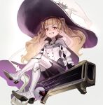  blonde_hair boots cape earrings eitri_(fire_emblem) evil_grin evil_smile fire_emblem fire_emblem_heroes grin hashiko_(neleven) hat high_heels jewelry long_hair looking_at_viewer pantyhose red_eyes sidesaddle sitting smile thigh-highs thigh_boots wavy_hair witch_hat 