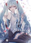  1girl absurdres bangs bare_shoulders black_legwear black_skirt black_sleeves blue_eyes blue_hair blue_nails blue_necktie blurry blurry_background breasts chromatic_aberration collared_shirt commentary detached_sleeves eyebrows_behind_hair hair_between_eyes hands_up happy_birthday hatsune_miku highres holding holding_hair lips long_hair looking_at_viewer medium_breasts necktie nose pleated_skirt shirt sitting skirt sleeveless sleeveless_shirt slit_pupils smile solo thigh-highs thighs tie_clip tsubame-shi_(tubame) twintails vocaloid wariza white_background white_shirt wide_sleeves zettai_ryouiki 