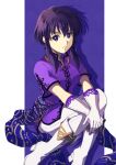  1girl bangs black_hair boots commission elbow_gloves fe17q9 fire_emblem fire_emblem:_genealogy_of_the_holy_war gloves larcei_(fire_emblem) looking_at_viewer pants purple_shirt shirt simple_background skeb_commission smile solo violet_eyes white_footwear white_gloves white_pants 