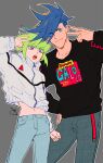  2boys 302 black_shirt blue_eyes blue_hair casual flat_color galo_thymos green_hair grey_shirt highres lio_fotia male_focus midriff_peek multiple_boys promare shirt sweater violet_eyes 