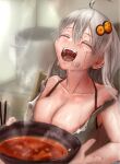  1girl ahoge bangs bowl breasts chopsticks collarbone eating fangs food food_on_face grey_hair hair_ornament highres holding holding_bowl holding_food kizuna_akari large_breasts messy messy_hair open_clothes open_mouth open_shirt pot sinnyouju steam strap_slip sweat sweating_profusely tank_top teeth voiceroid wet 