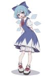  1girl absurdres bloomers blue_bow blue_dress blue_eyes blue_hair blush_stickers bow cirno collared_shirt detached_wings dress fairy fang full_body hair_between_eyes hair_bow highres ice ice_wings kame_(kamepan44231) open_mouth puffy_short_sleeves puffy_sleeves shirt shoes short_hair short_sleeves simple_background skin_fang sneakers solo standing touhou underwear white_background white_bloomers white_footwear white_shirt wings 
