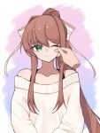  1girl absurdres brown_hair disembodied_limb doki_doki_literature_club green_eyes hand_on_another&#039;s_face hattori_(omegamega1001) highres long_hair monika_(doki_doki_literature_club) one_eye_closed ponytail smile sweater white_sweater 