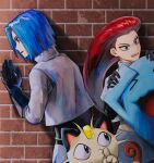 1boy 1girl angry b_gegom blue_hair highres james_(pokemon) jessie_(pokemon) meowth pokemon pokemon_(anime) pokemon_(creature) redhead team_rocket wobbuffet worried 