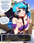  1girl ahoge alternate_costume bangs bare_shoulders black_bow blue_hair blush blushy-pixy bow breasts collarbone commentary drill_hair english_text grin gwen_(league_of_legends) hair_bow highres league_of_legends lips long_hair looking_at_viewer smile solo teeth thumbs_up twin_drills twintails 