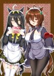  2girls :&lt; :d absurdres ahoge animal_ears apron black_hair black_legwear black_necktie black_shirt border bow box breasts brown_border brown_hair choker garter_straps green_skirt hair_between_eyes hair_ribbon happy_valentine heart-shaped_box highres horse_ears horse_girl horse_tail large_breasts long_hair looking_at_viewer maid_headdress manhattan_cafe_(umamusume) multiple_girls necktie pantyhose pink_background plaid plaid_skirt red_eyes ribbon ryochapu shirt short_apron short_hair skirt sleeves_past_wrists smile tail thigh-highs umamusume valentine very_long_hair waist_apron white_garter_straps white_headwear white_legwear yellow_bow yellow_eyes yellow_ribbon 