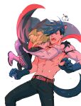  302 animal_ears animal_hands ascot blue_hair cape detached_sleeves fangs galo_thymos gloves green_hair halloween head_wings highres lio_fotia male_focus paw_gloves promare single_detached_sleeve tail topless_male vampire violet_eyes werewolf_costume wolf_ears wolf_tail 