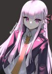  1girl bangs braid brown_background brown_necktie closed_mouth collared_shirt danganronpa:_trigger_happy_havoc danganronpa_(series) eyebrows_visible_through_hair gloves hair_ribbon jacket kirigiri_kyouko long_hair long_sleeves looking_at_viewer necktie open_clothes open_jacket purple_hair purple_jacket ribbon shirt side_braid simple_background single_braid skeptycally solo violet_eyes white_shirt 