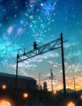  1girl clouds cloudy_sky commentary facing_away galaxy grass highres long_hair night night_sky original pine_tree power_lines scenery shuu_illust silhouette sitting sky solo star_(sky) star_(symbol) sunset tree 