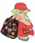  1boy 302 androgynous anime_coloring bag baseball_cap bubble_tea cup green_hair handbag hat highres holding holding_bag holding_cup itabag lio_fotia male_focus midriff_peek promare red_shirt shirt solo upper_body violet_eyes 