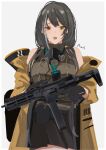  1girl ammunition_belt artist_name bangs black_gloves black_hair black_skirt breasts brown_sweater_vest eyebrows_visible_through_hair gas_mask girls_frontline gloves gun heterochromia highres holding holding_gun holding_weapon jacket jacket_pull long_hair looking_at_viewer mask mask_around_neck multicolored_hair noveske_space_invader open_clothes open_jacket open_mouth red_eyes ro635 ro635_(girls&#039;_frontline) skirt solo standing submachine_gun sutekina_awa sweater_vest teeth upper_teeth weapon white_background yellow_eyes yellow_jacket 