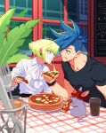  2boys 302 ascot blue_eyes blue_hair eating food food_on_face galo_thymos green_hair highres lio_fotia male_focus mouse multiple_boys pizza pizza_slice promare sidecut spiky_hair vinny_(promare) violet_eyes 